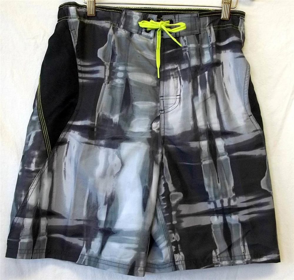 NEW Nike Mens Small Black Gray Neon Yellow Drawstring Waist Swim Trunks Shorts