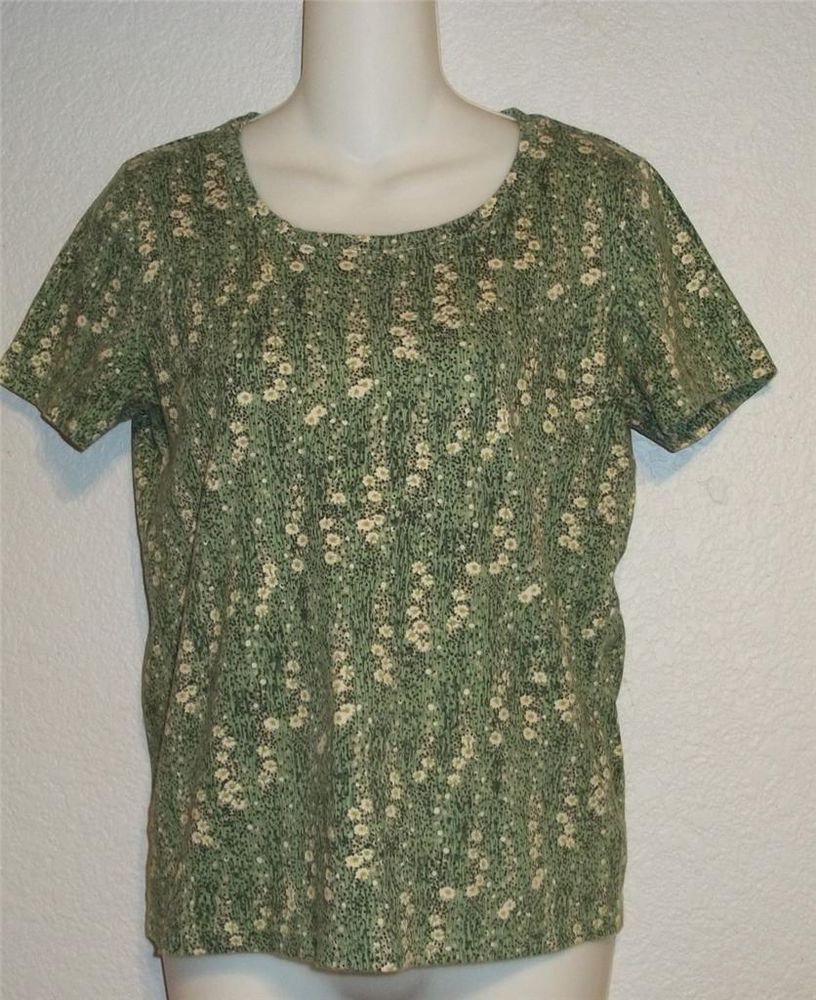 Small 4 6 White Stag Lime Green Ivory Floral SS Stretchy Cotton Tee Shirt Top