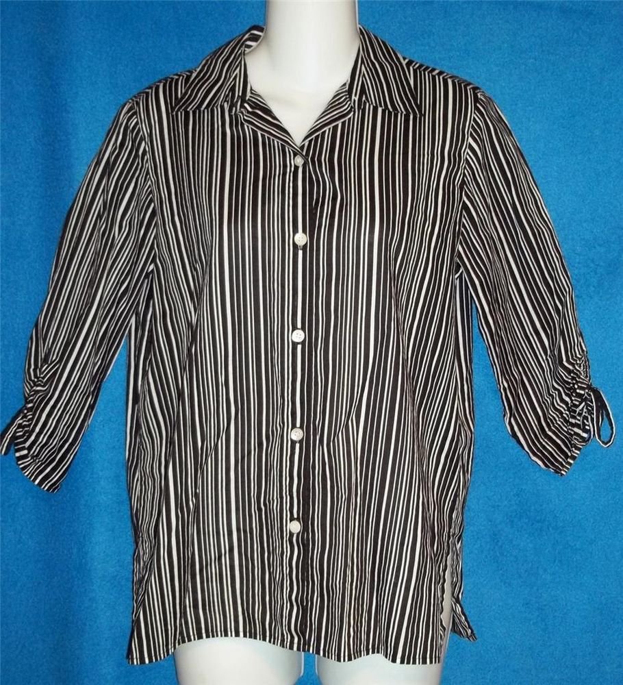 PS 4P 6P Liz Claiborne Liz Sport Petite Black White Button Down Blouse Shirt Top