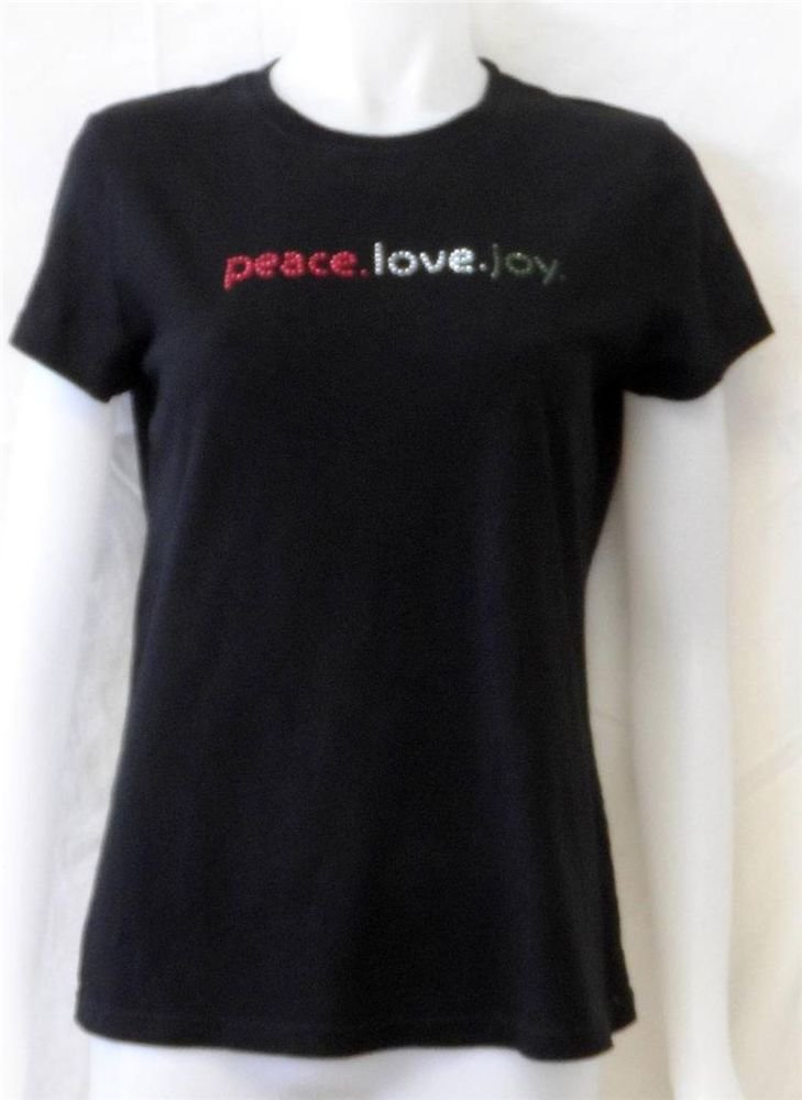 Black SS Red Green Silver Jewels Casual Top Peace Love Joy T Shirt Medium 8 10