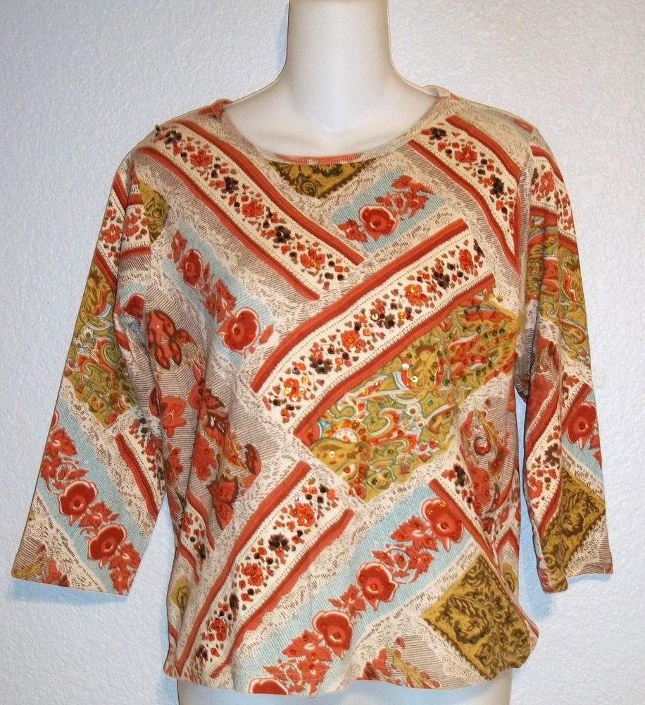 Medium 8 10 Take Two Clothing Co. Embellished Striped Floral 3/4 Sleeve Top