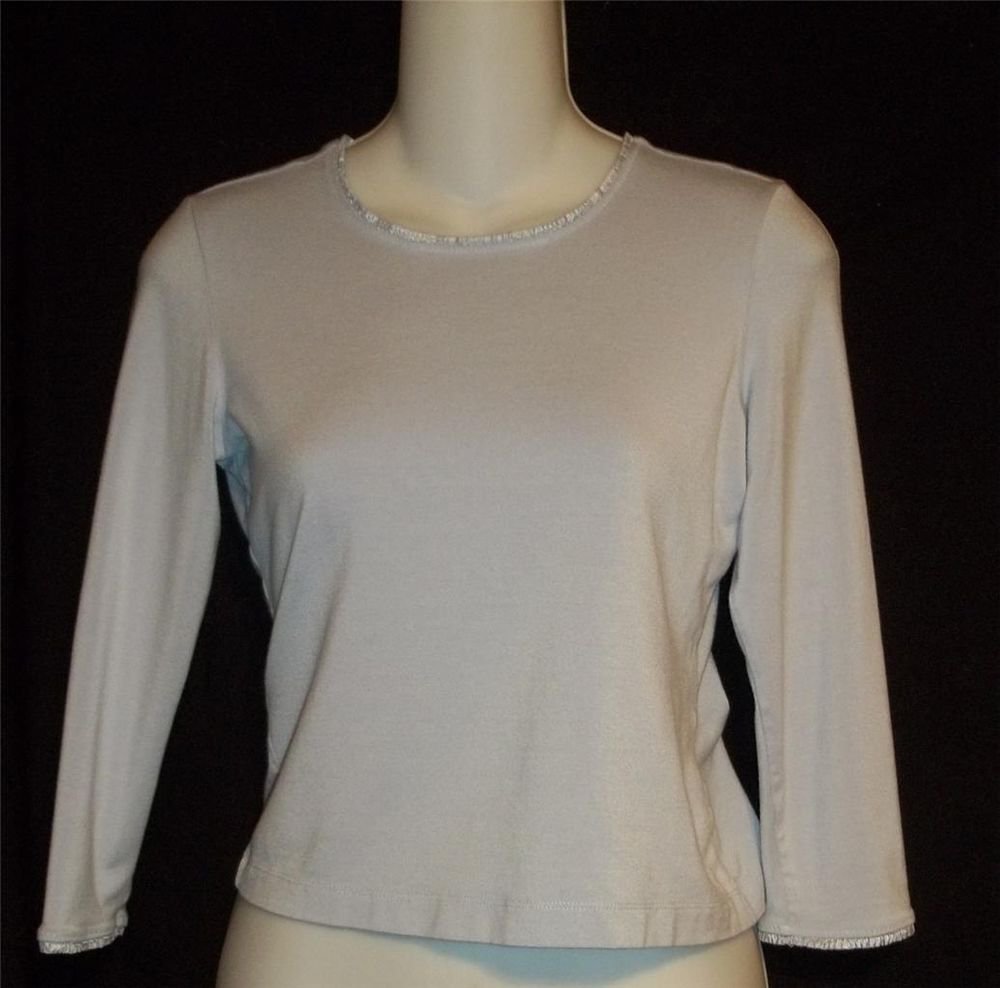 PS 4P 6P Sigrid Olsen Sport Petite Light Gray 3/4 Sleeve Ruffled Stretchy Top