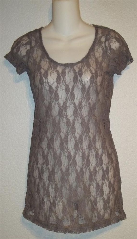 Weavers Junior Small 3 5 Gray Floral Pattern Sheer Lace Tunic Length Blouse Top