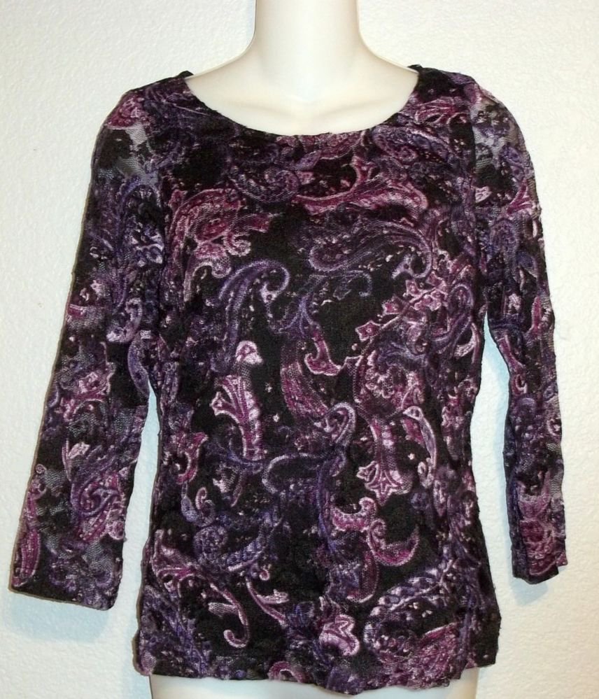 White Stag Small 4 6 Purple Paisley Print Sheer Stretch Long Sleeve Top Blouse
