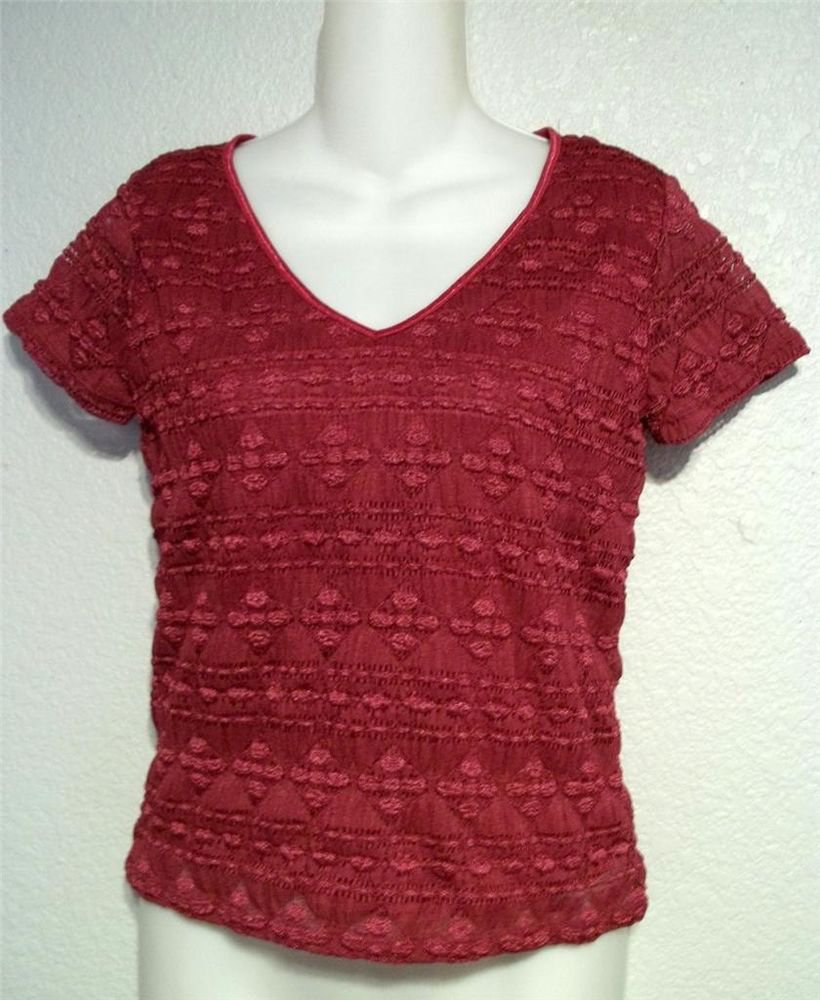 Small 4 6 Worthington Burgundy Floral V Neck Lined Embroider Stretchy Blouse Top