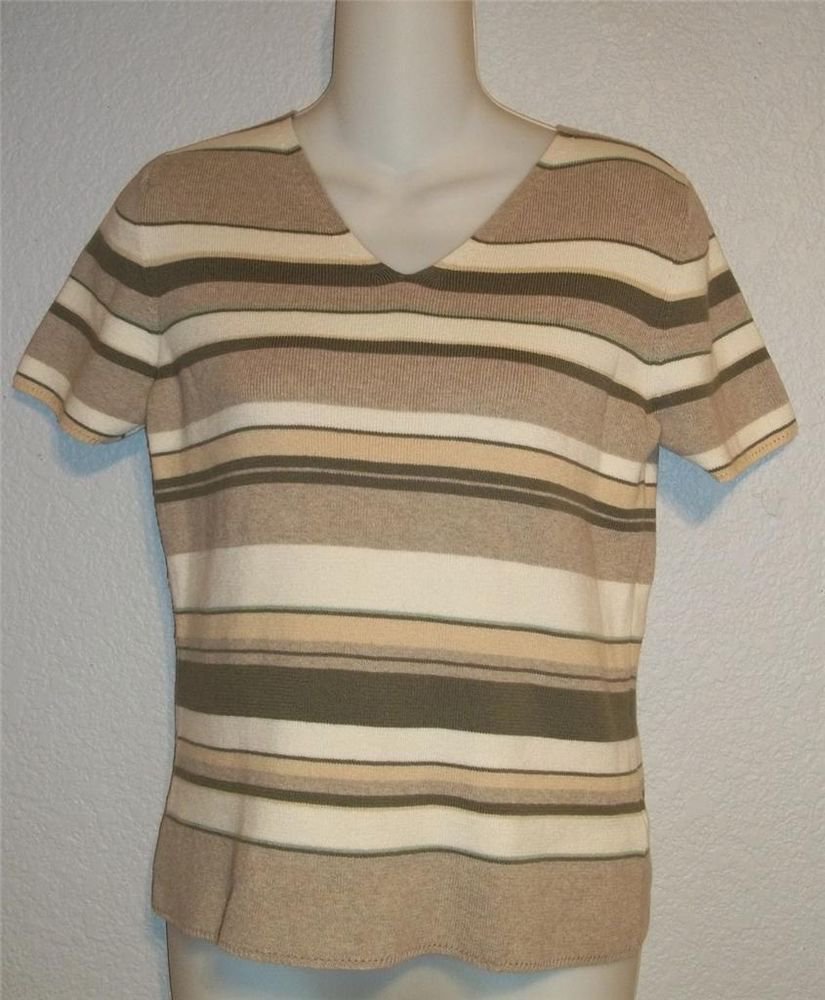 Small 4 6 JH Collectibles Olive Taupe Ivory V Neck Stretchy Cotton Blouse Top