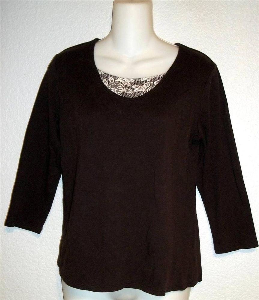 White Stag M Medium 8 10 Brown White Design on Neck 100% Cotton Top 3/4 Sleeve