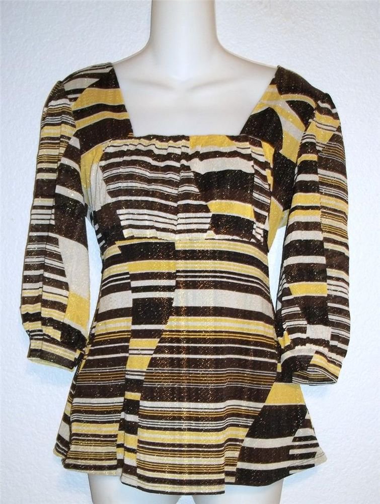 Medium 8 10 Style & Co Yellow Brown Gold Metallic 3/4 Sleeve Empire Blouse Top