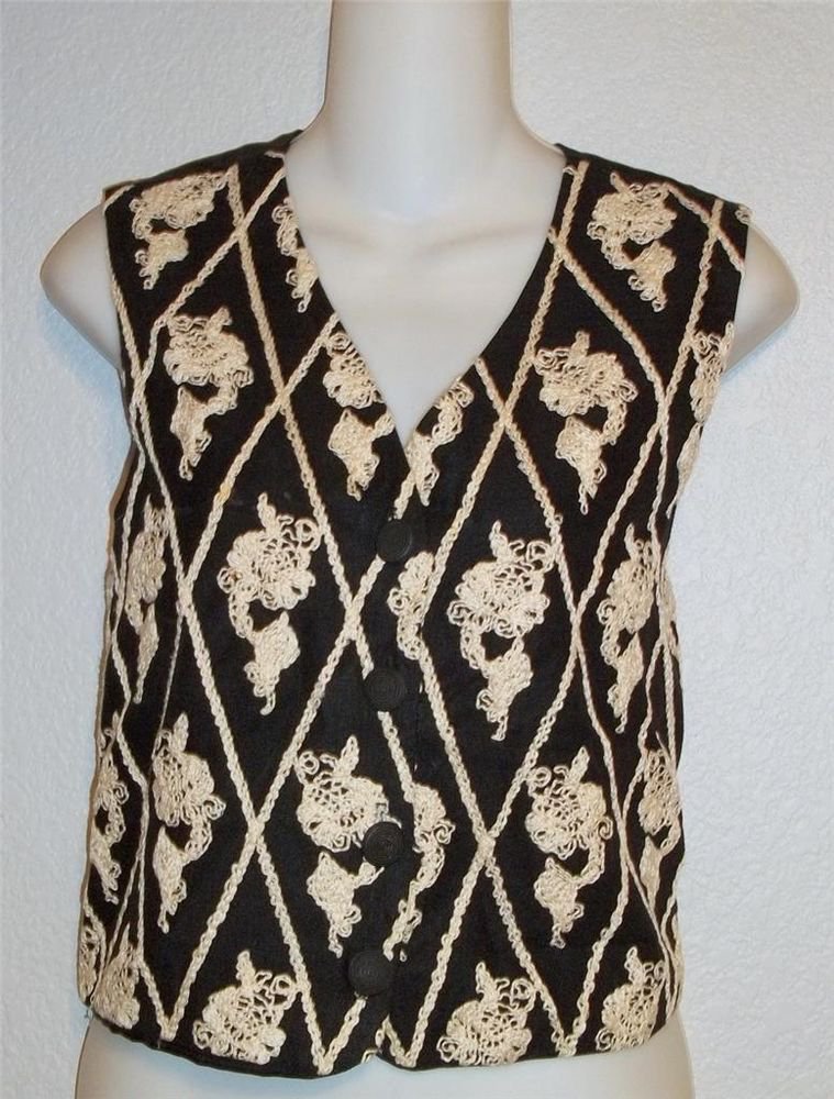 Express Small 4 6 Black Ivory Diamond Embellished V Neck Button Down Lined Vest