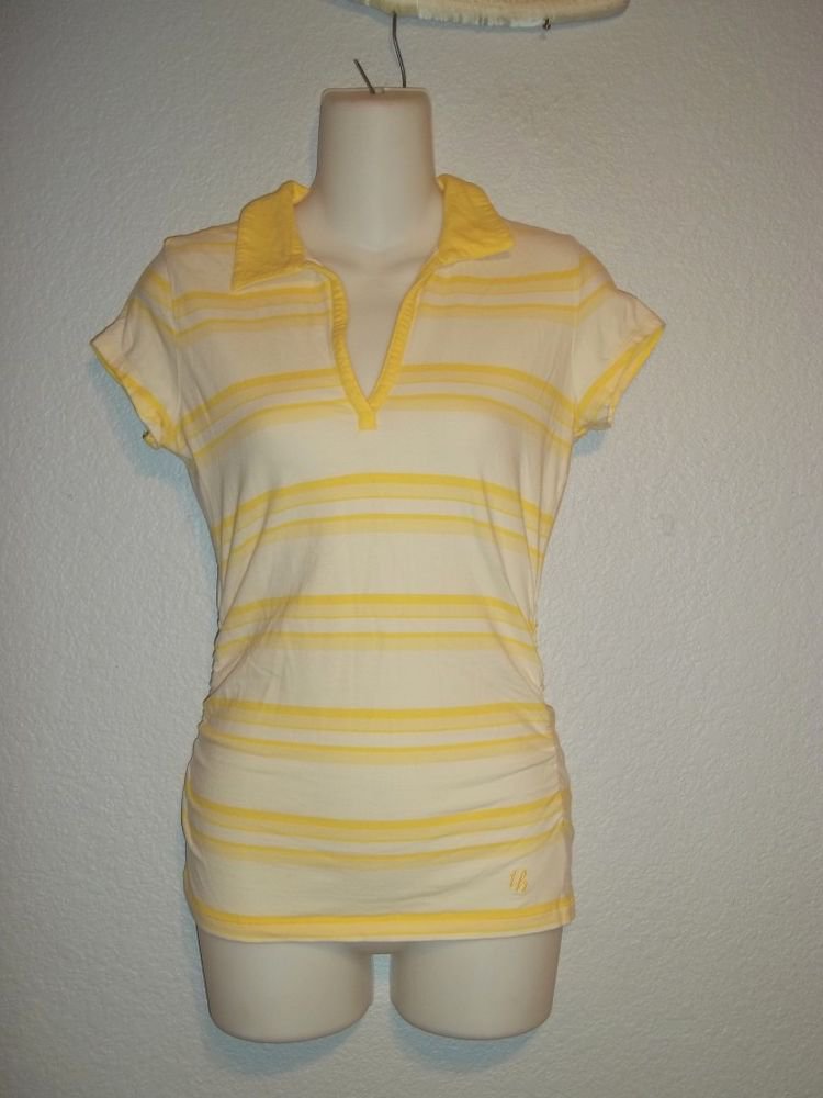 Medium 8 10 Tommy Hilfiger Jeans Yellow White Striped V Neck Ruched T shirt Top