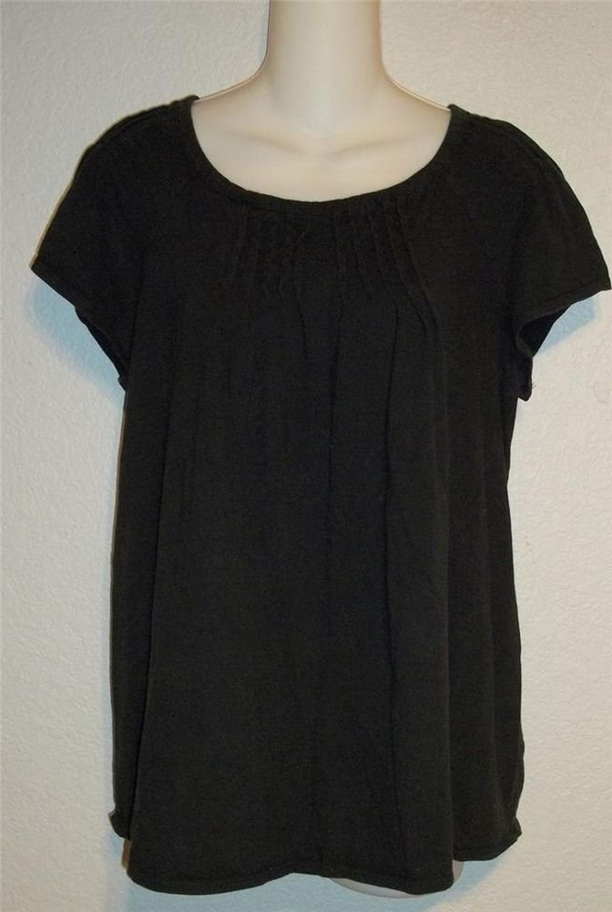 Liz Lange Maternity M 8 10 Black Pin Tuck Cotton Blend Short Sleeve Blouse Top