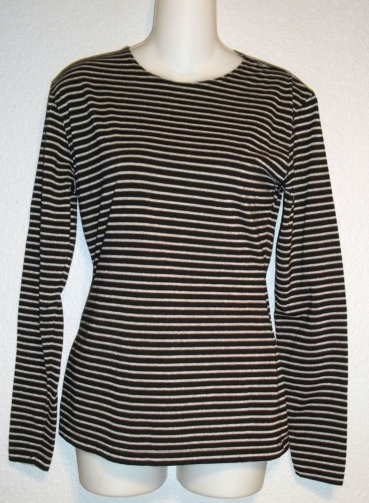 Medium 8 10 COIN Long Sleeve Black Metallic Silver Striped Stretchy Top Shirt