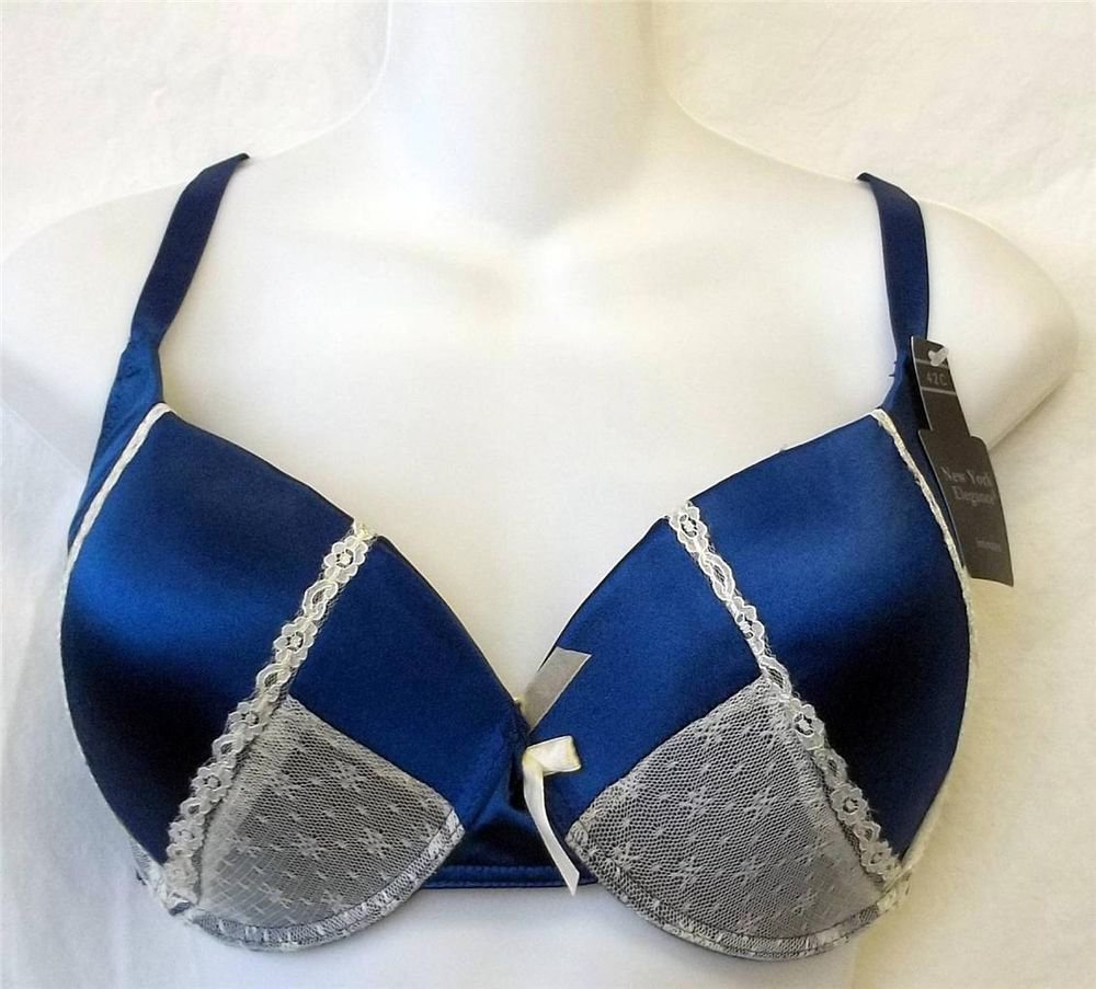 New York Elegance 42C Silky Saphire Blue Cream Lace Underwire Padded Push Up Bra