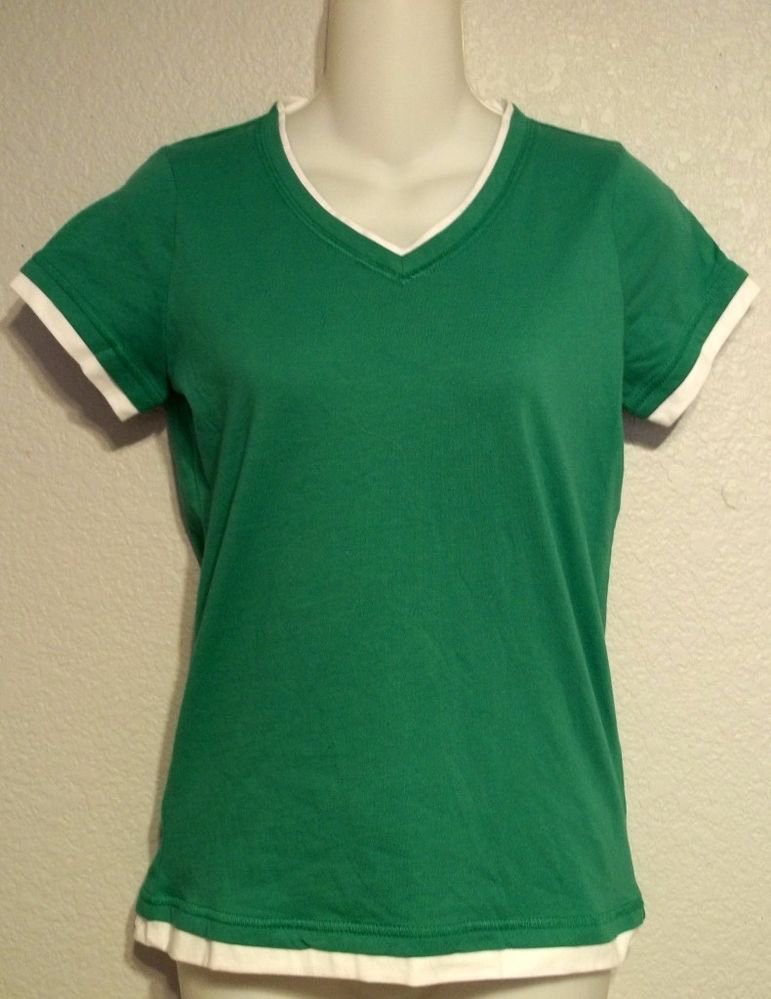 NEW Small 4 6 SJB Active Kelly Green V Neck Faux Layered Cap Sleeve T-shirt