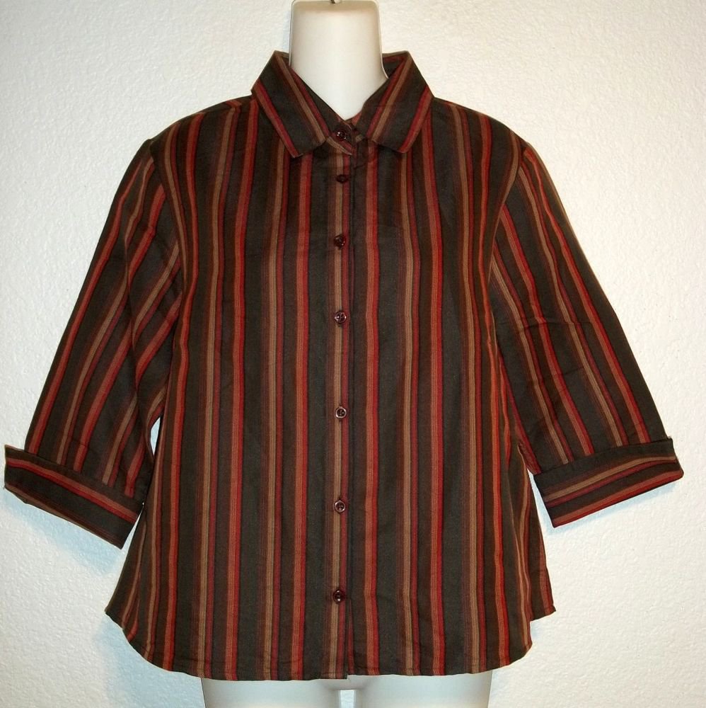 NEW Haggar Petite PM 8P 10P Dark Olive Red Taupe Striped 3/4 Sleeve Blouse Top