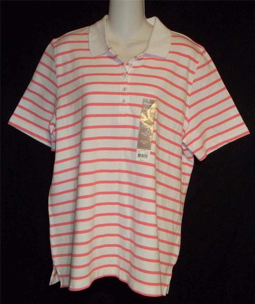NEW White Stag 20 XXL 2X White Coral Pink Stripe SS Polo Golf Shirt Knit Top