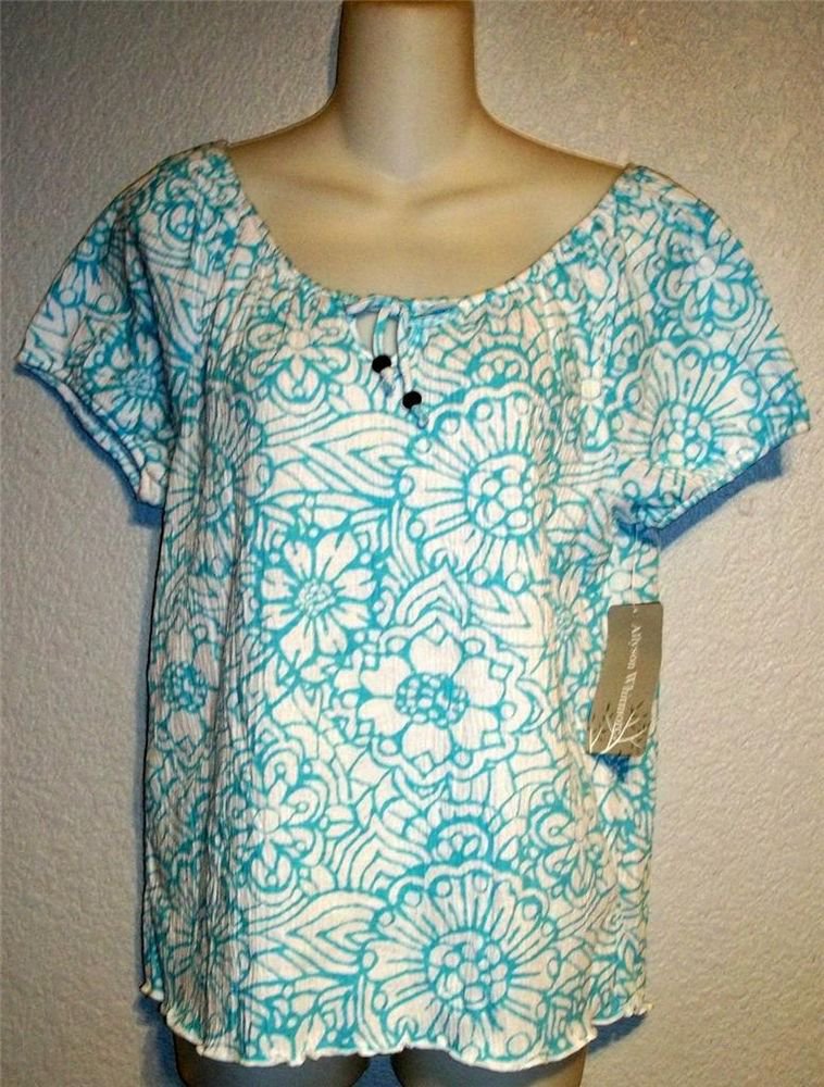 NEW Allyson Whitmore Small 4 6 Teal White Floral Scoopneck Peasant Blouse Top