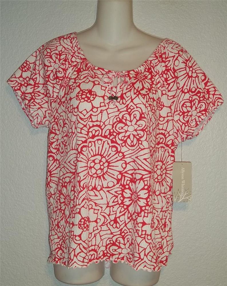 NEW Allyson Whitmore Medium 8 10 Cherry Red Floral Scoopneck Peasant Blouse Top