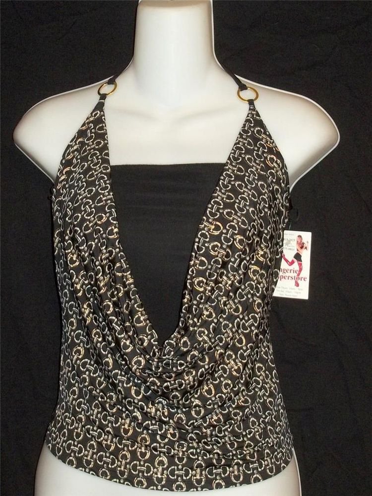 NEW Monamel Los Angeles Junior Small 3 5 SEXY Club Black Gold Cowel Halter Top