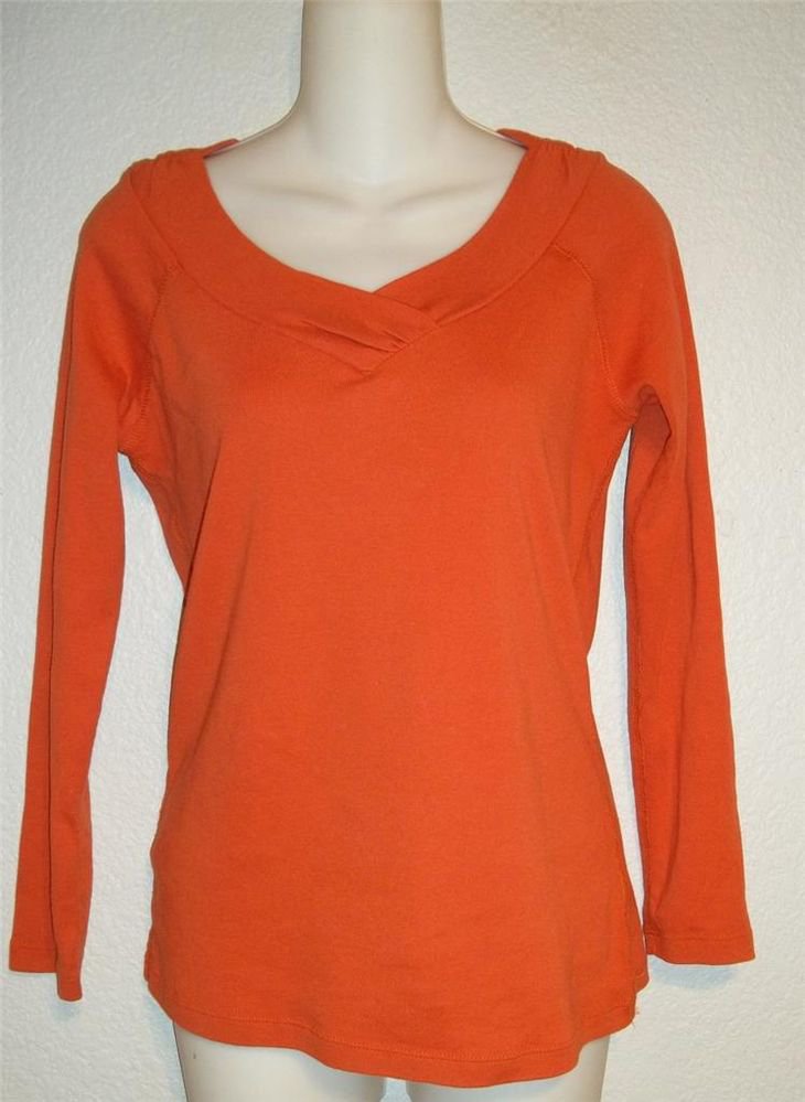 S Small 2 A Tee Bright Orange Ruched V Neck Long Sleeve Blouse Stretch Top 4 6