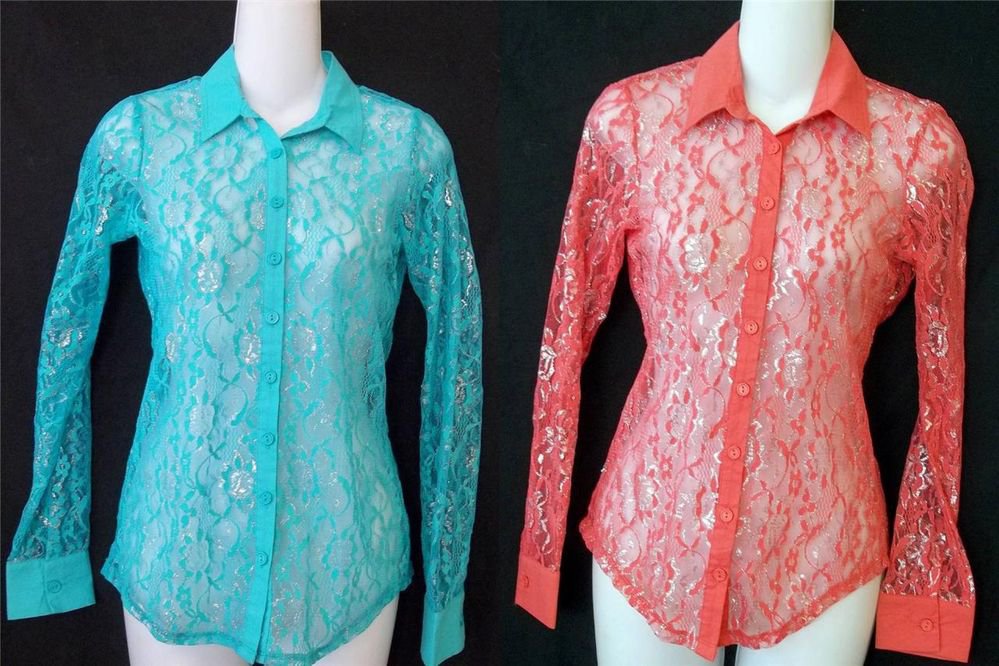 NEW Boho Junior Medium 7 9 Teal or Red Lace Silver Metallic Long Sleeve Blouse