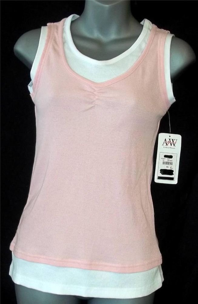 NEW AW Sport Petite Small PS 4P 6P Pale Pink White Faux 2 Pc Sleeveless Tank Top
