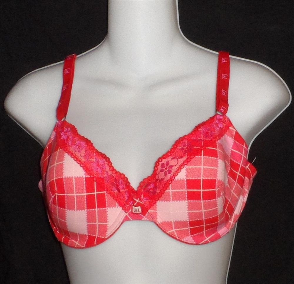 NEW 38 C L.E.I. Lei Sexy Red White Pink Plaid Lace Underwire Reinforced Bra