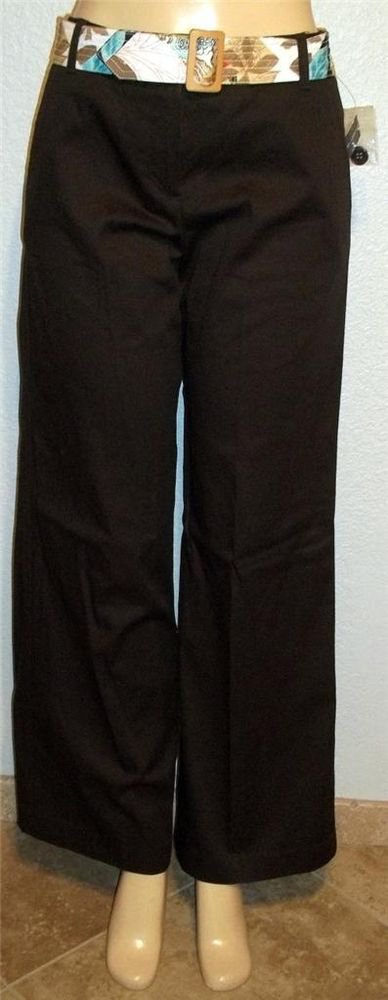 NEW Larry Levine 8 Medium Casual Career Brown Cotton Blend Pants Flower Belt