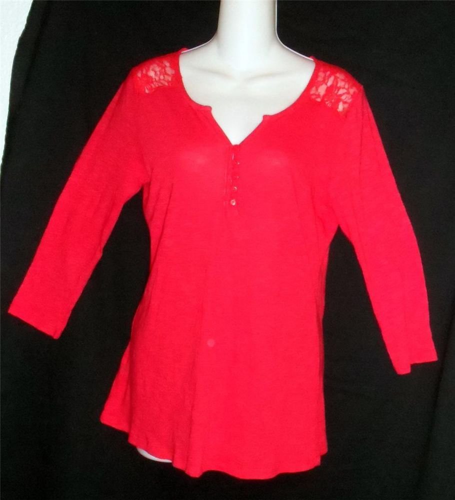 89th & Madison Red Lace 3/4 Sleeve Top M Medium 8 10 L Large 12 14