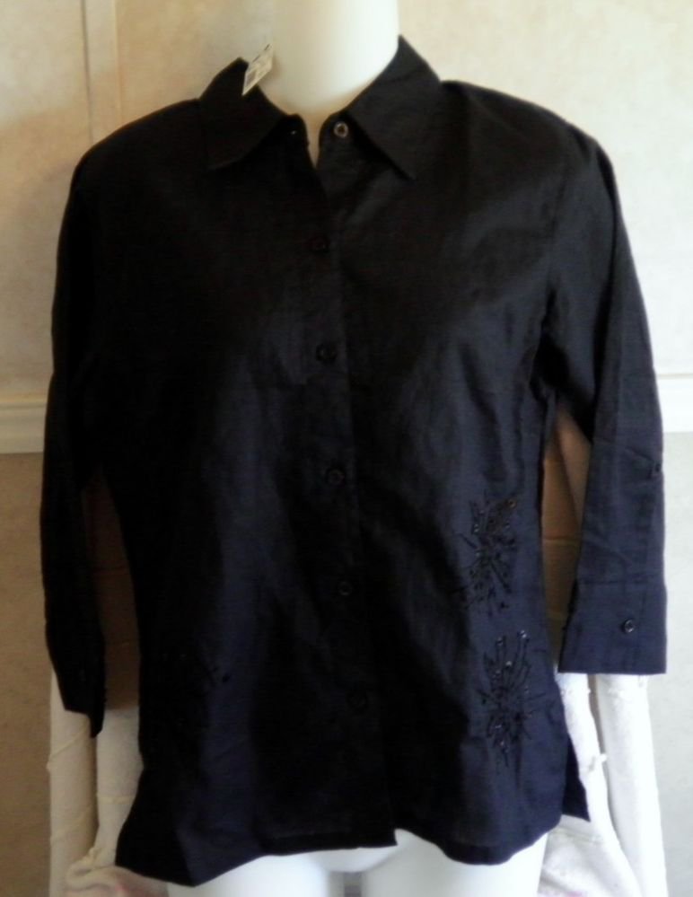 NEW My Heart 2 Small 4 6 Embellished Black Ramie Cotton Long Sleeve Blouse