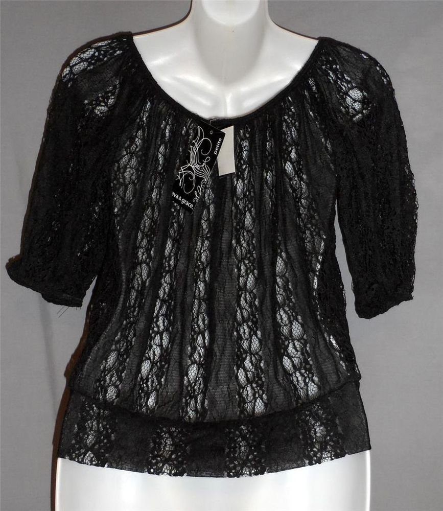 NEW Ava & Grace Petite PS 4P 6P Black Sheer Lace Half Sleeve Peasant Boho Blouse