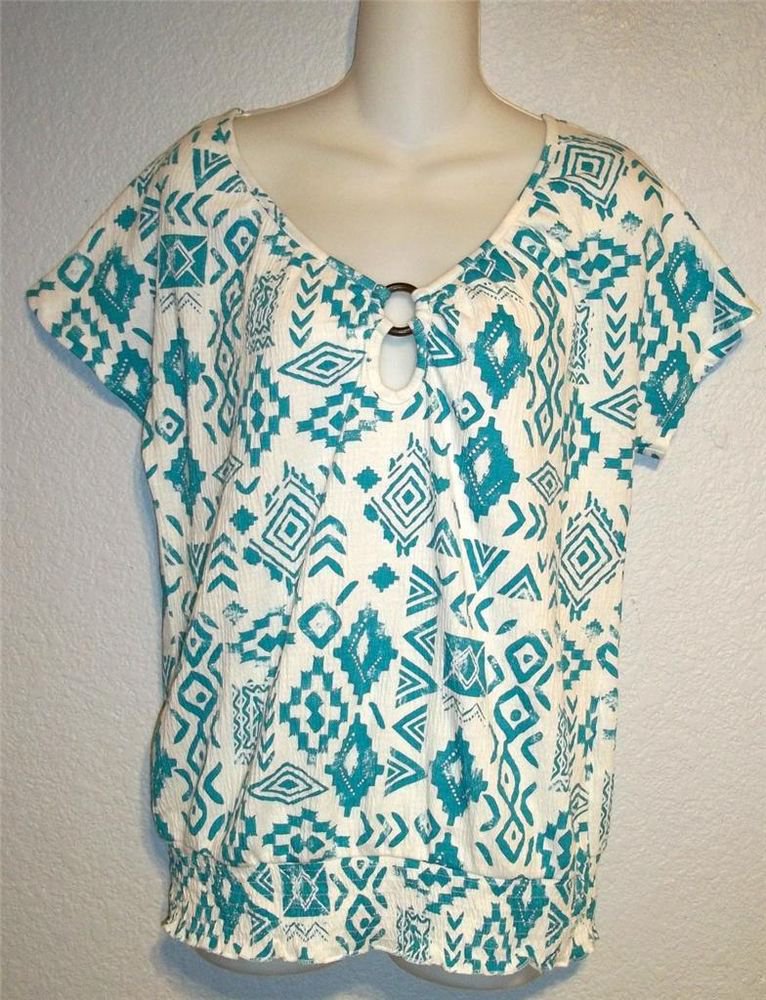 NEW Small 4 6 French Laundry Teal White Geometric Peasant Off Shoulder Blouse