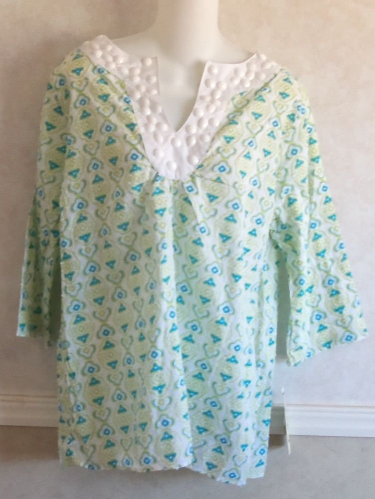 NEW Palm Grove Medium 8 10 Aqua Green White 3/4 Sleeve Cotton Seersucker Blouse