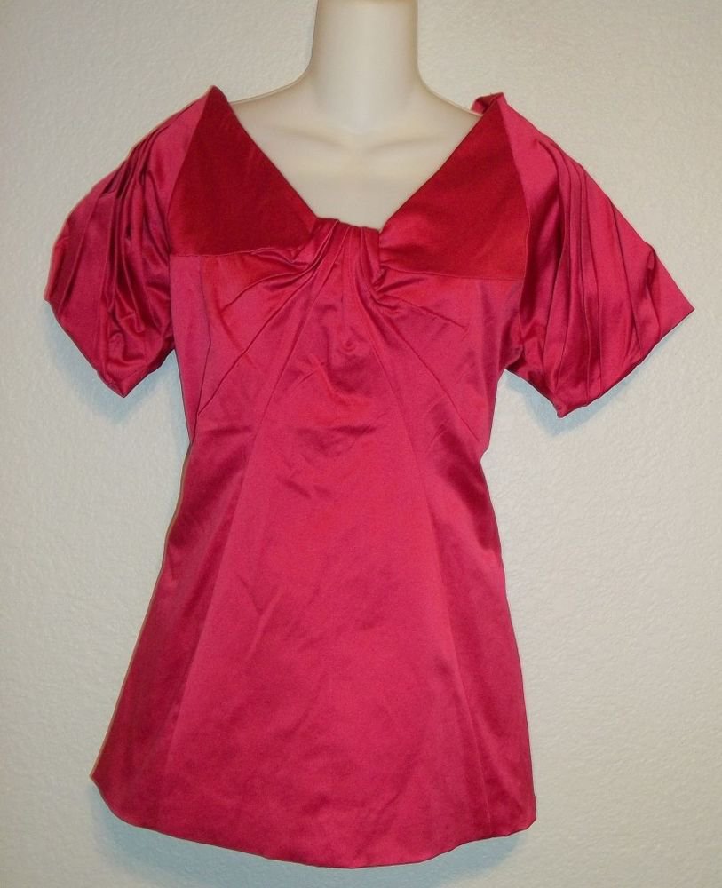 NEW Dollz brand Large 12 14 Fuscia Short Sleeve Satiny Dressy Blouse Top Tunic