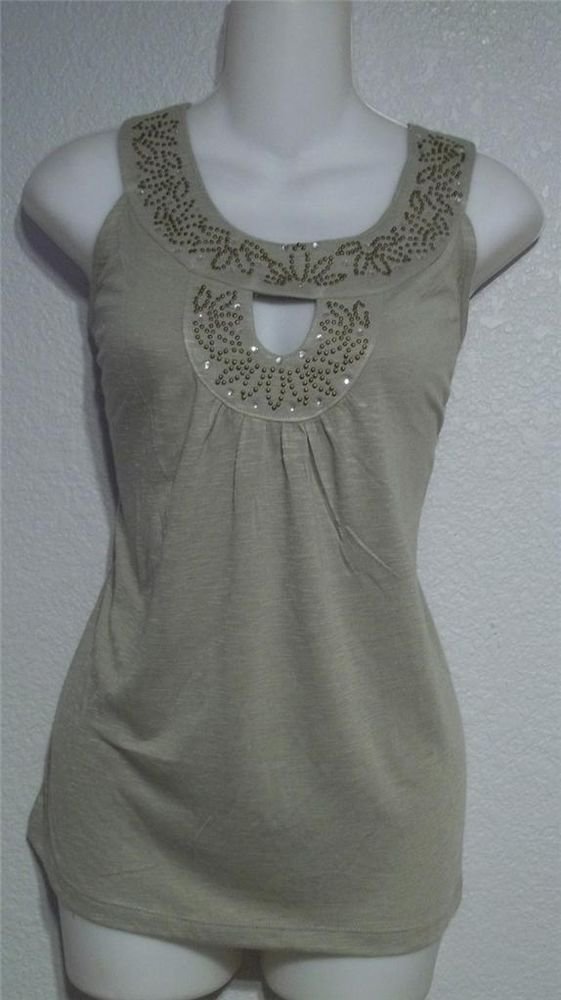 NEW French Laundry Petite Small 4P 6P Olive Green Scoopneck Studded Tank Top