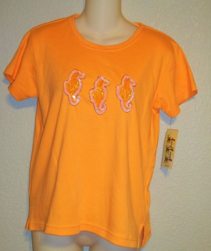 NEW Palm Grove Petite PS 4P 6P Sequin Seahorse Orange Pullover T Shirt
