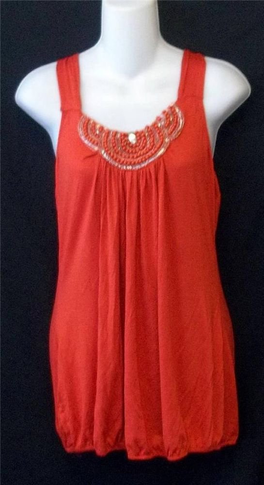 NEW Ruby Large 12 14 Burnt Orange Beaded Criss Cross Strap Tunic Tank Top Cami