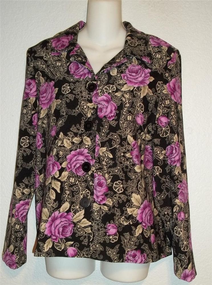 New Lifestyle Classics Medium 8 10 Purple Black Flowered Blouse Jacket