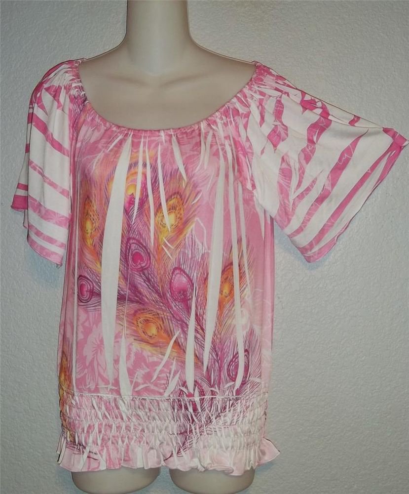 NEW Simply Irresistible Petite Medium PM 8P 10P Pink Peacock Peasant Blouse Top