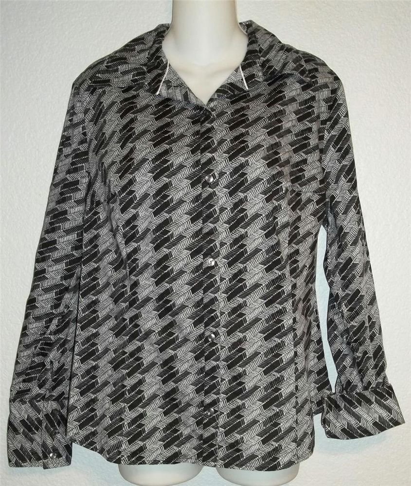 Attention Large 12 14 Black White Gray Abstract LS Button Front Career Blouse
