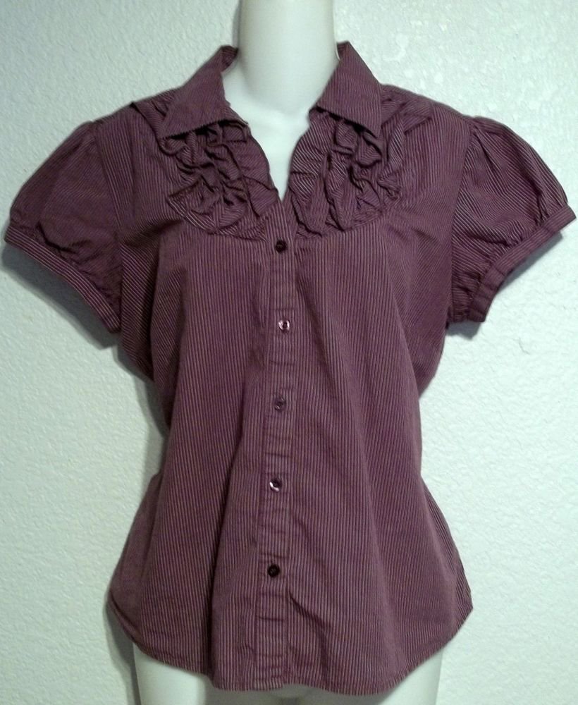 Medium 8 10 L.A. Blues Grape Purple White Striped Ruffle 100% Cotton Blouse Top