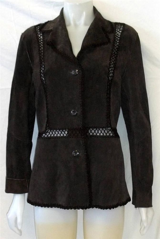White Stag Brown 100% Leather Jacket Coat Medium 8 10 Crochet Trim Button Front
