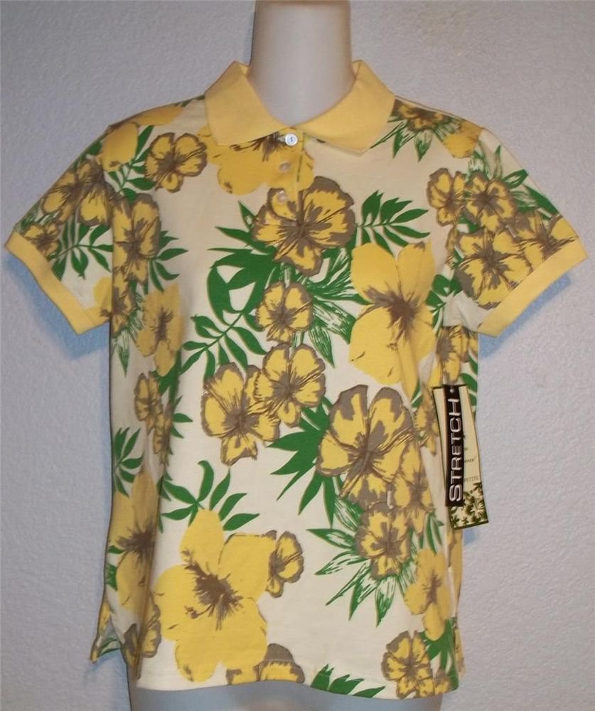 NEW Palm Harbour Petite PM 8P 10P Yellow Green Floral Print SS Polo Golf Shirt