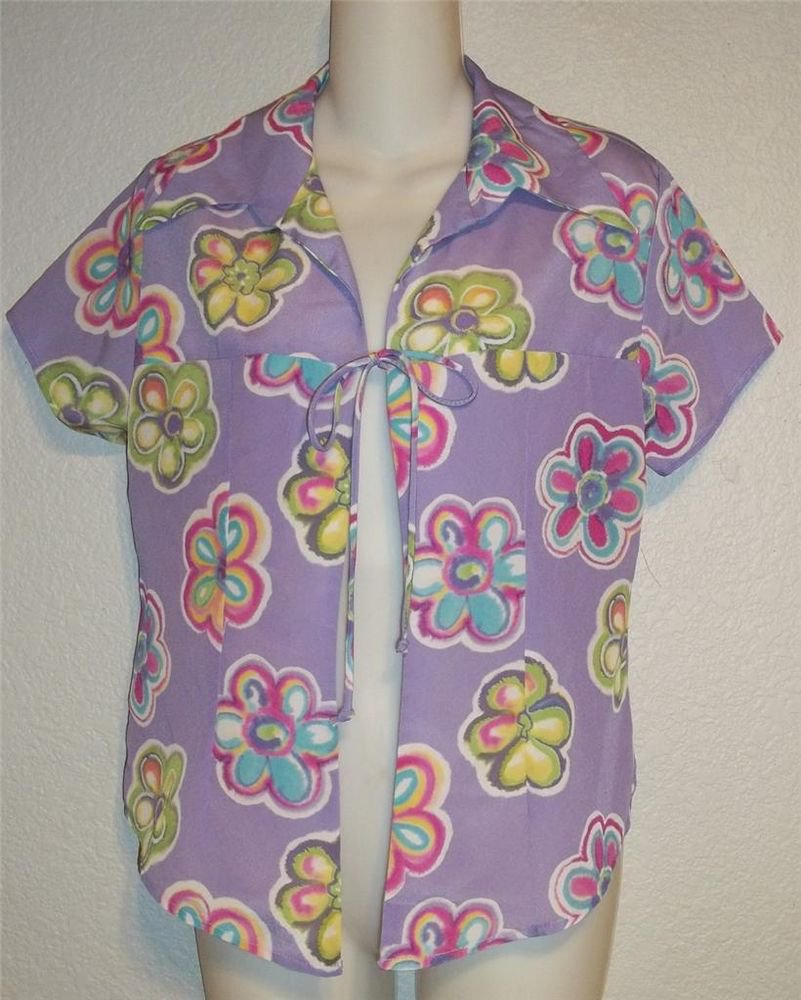 CLE Paris Medium 8 10 Silky Lavender Lime Fuchsia Floral Cover Up Tie Blouse Top