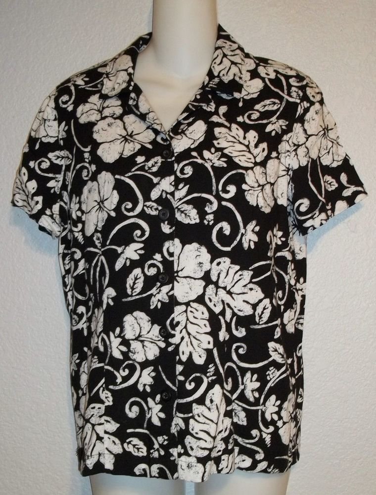 Croft & Barrow Black White Hawaiian Floral Camp Shirt Petite PM 8P10P 100% Rayon
