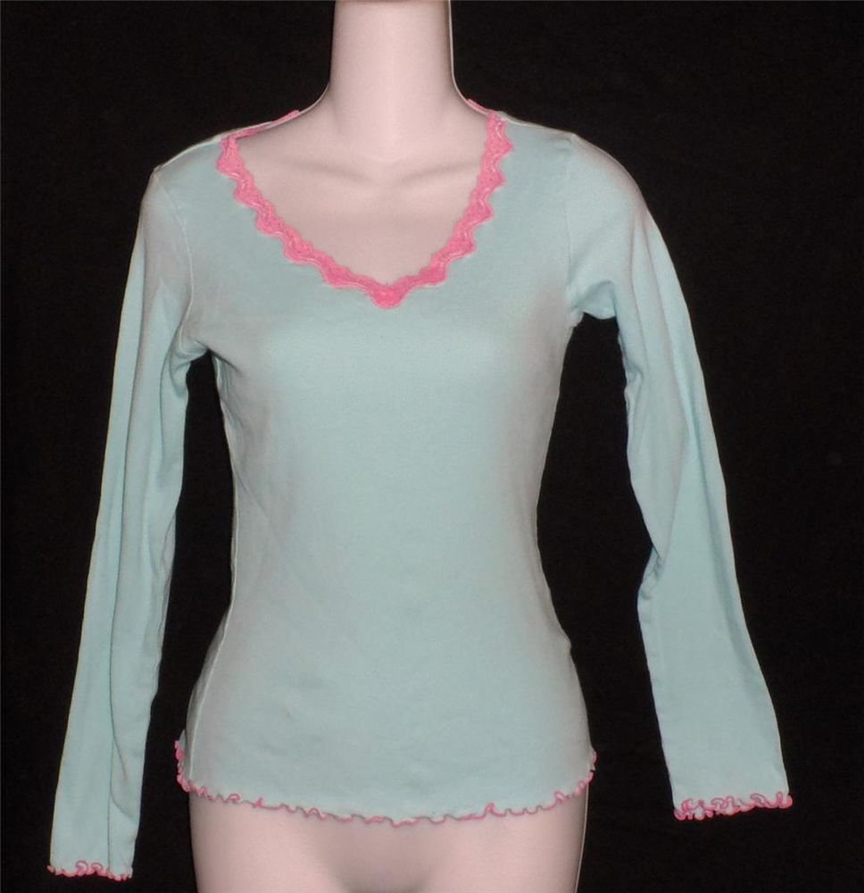 Hue Junior Small 3 5 Aqua Pink Lace Ribbed Stretchy 100% Cotton Top Vee Neck