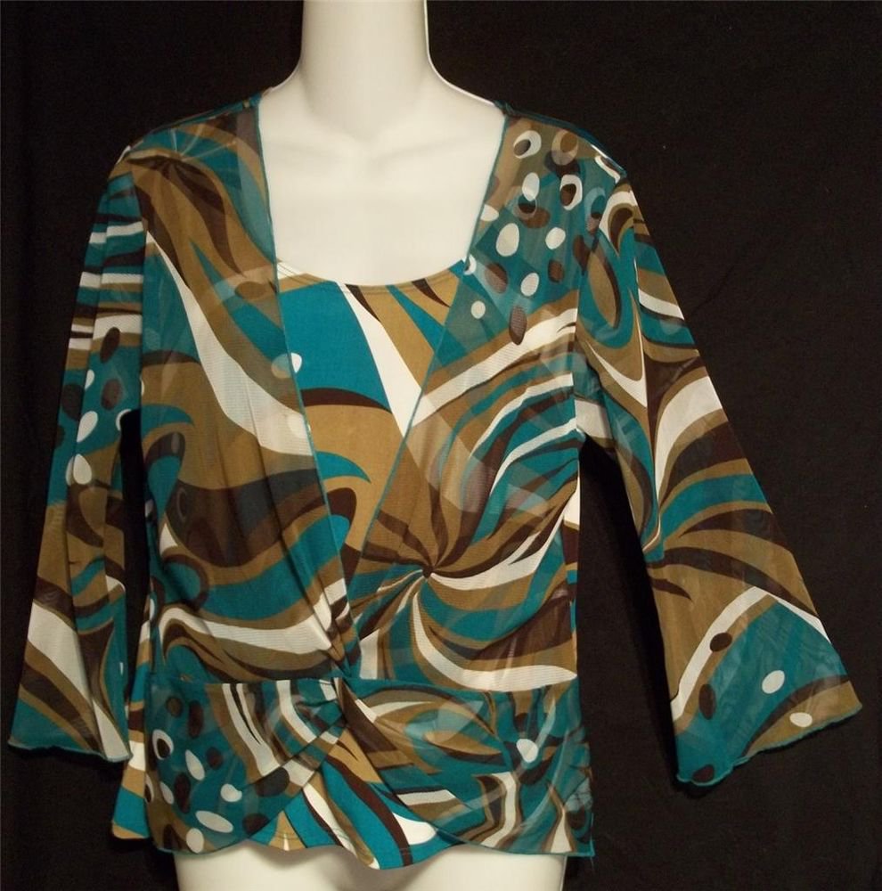 Nicola Medium 8 10 Brown Tan Teal White Sheer Faux Wrap 3/4 Sleeve Blouse Top