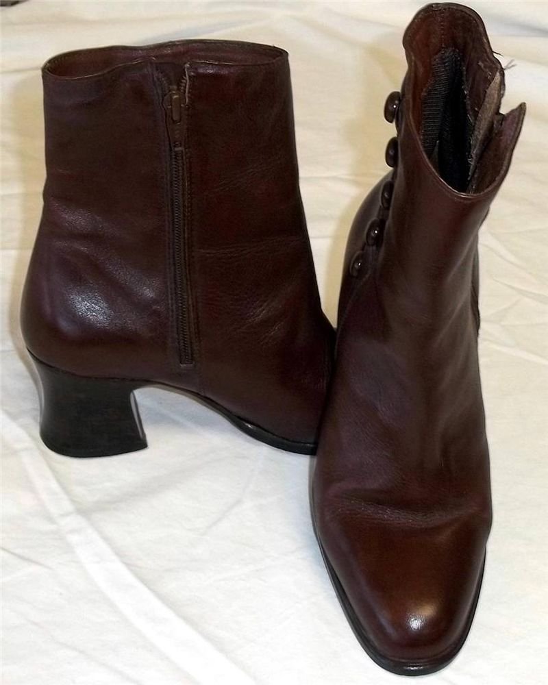 Poppies 5-1/2 M B Brown Leather Ankle Zipper 2 1/2" Heel Vintage Lk Dress Boots