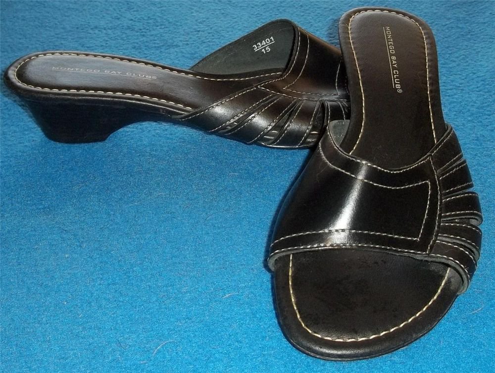 Montego Bay Club 9 Medium B Black White Stitch Leather Slide Sandal 1-3/4" Heel