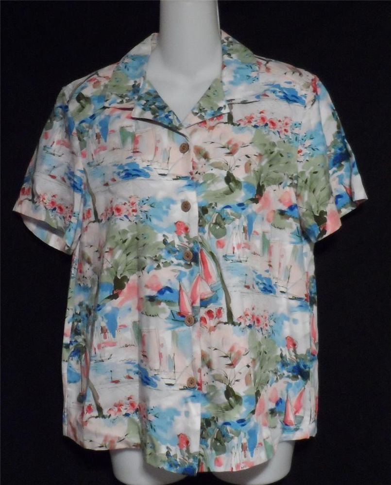 Karen Scott Sport St Tropez 8 10 Medium SS 100% Rayon Camp Shirt Blouse Top